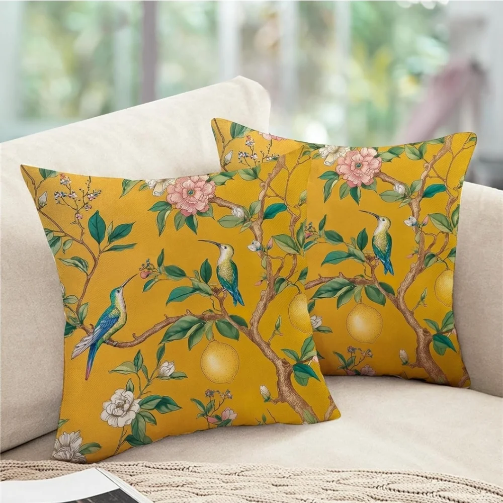 NEW! Set Of Golden Citrus Floral Throw Pillow Covers 18x18 - Picture 4 of 4